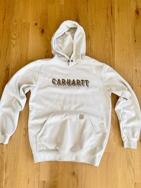 Carhartt Rain Defender Hoodie Cream Loose Fit Logo Pocket M